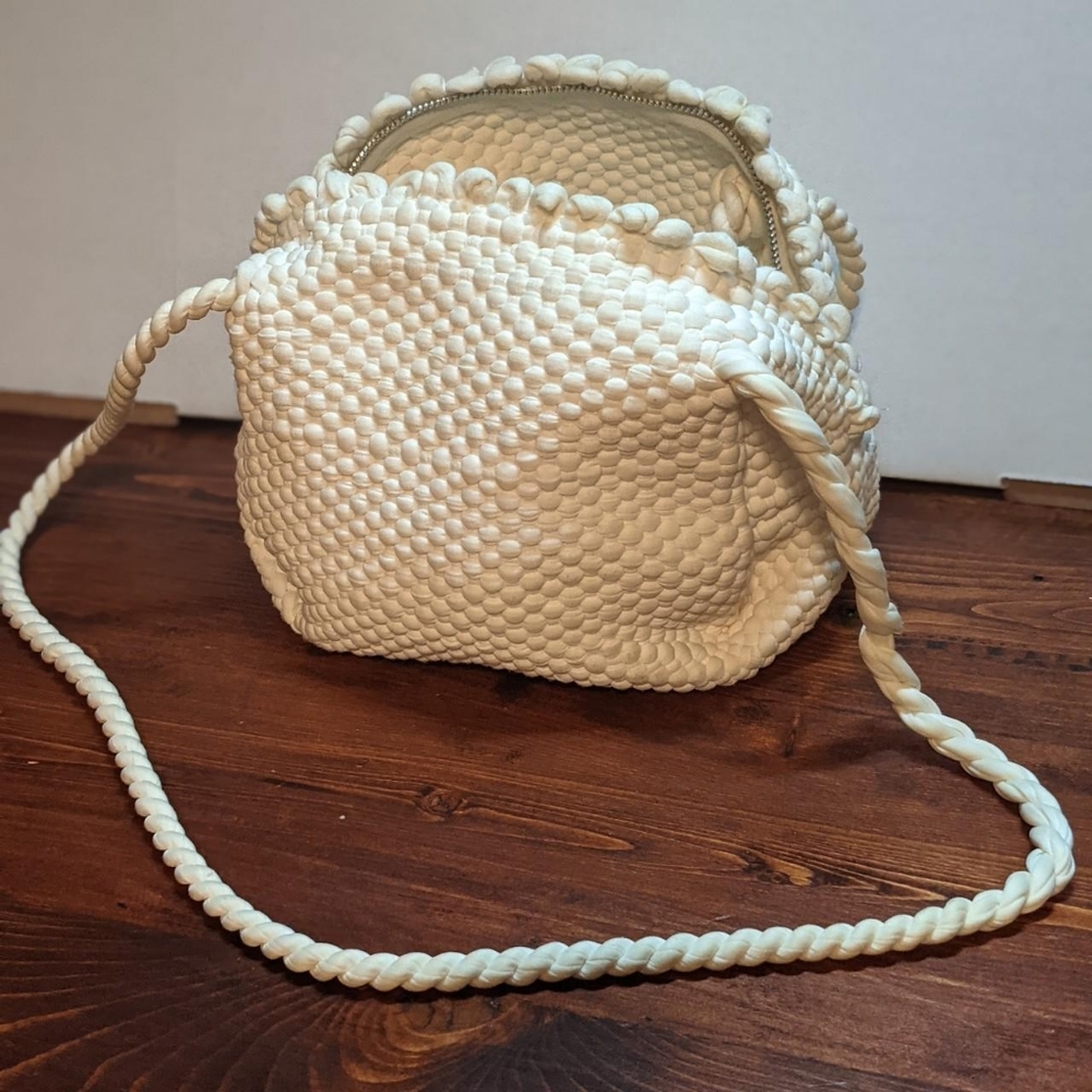 Vintage White / Light Cream Raised Dot Round Purse - Top Zip w Convertible Strap